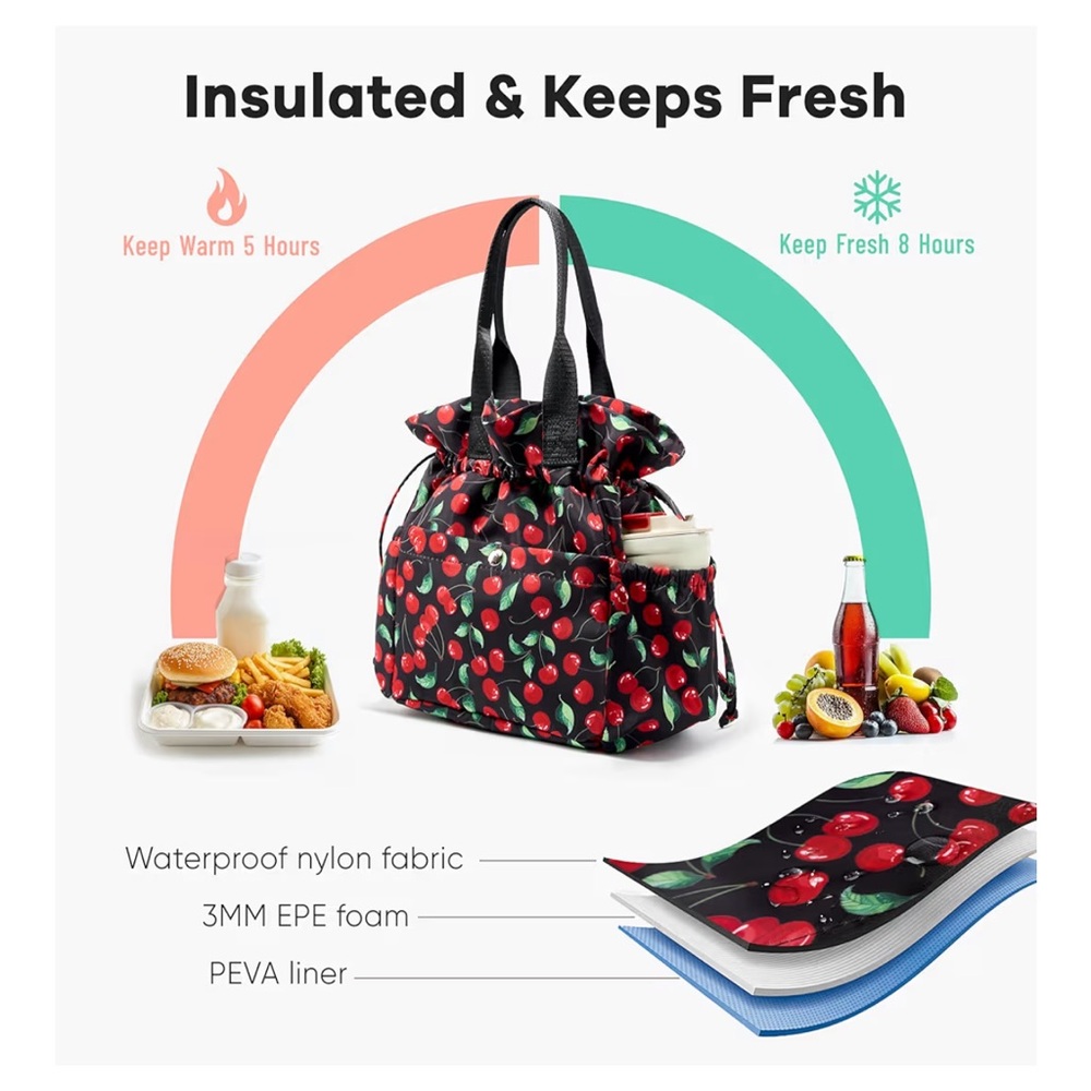 Black Cherry Print Drawstring Insulated Lunch Tot… - image 2